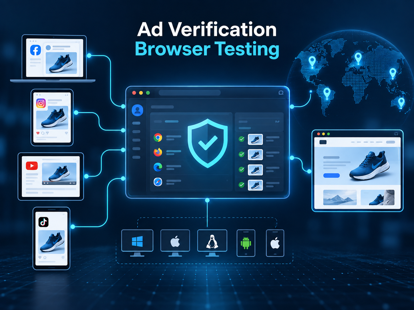 Ad verification testing across browsers, devices, and locations